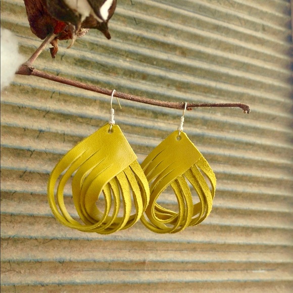 handmade Jewelry - Twisted fringe leather earrings. Citron yellow